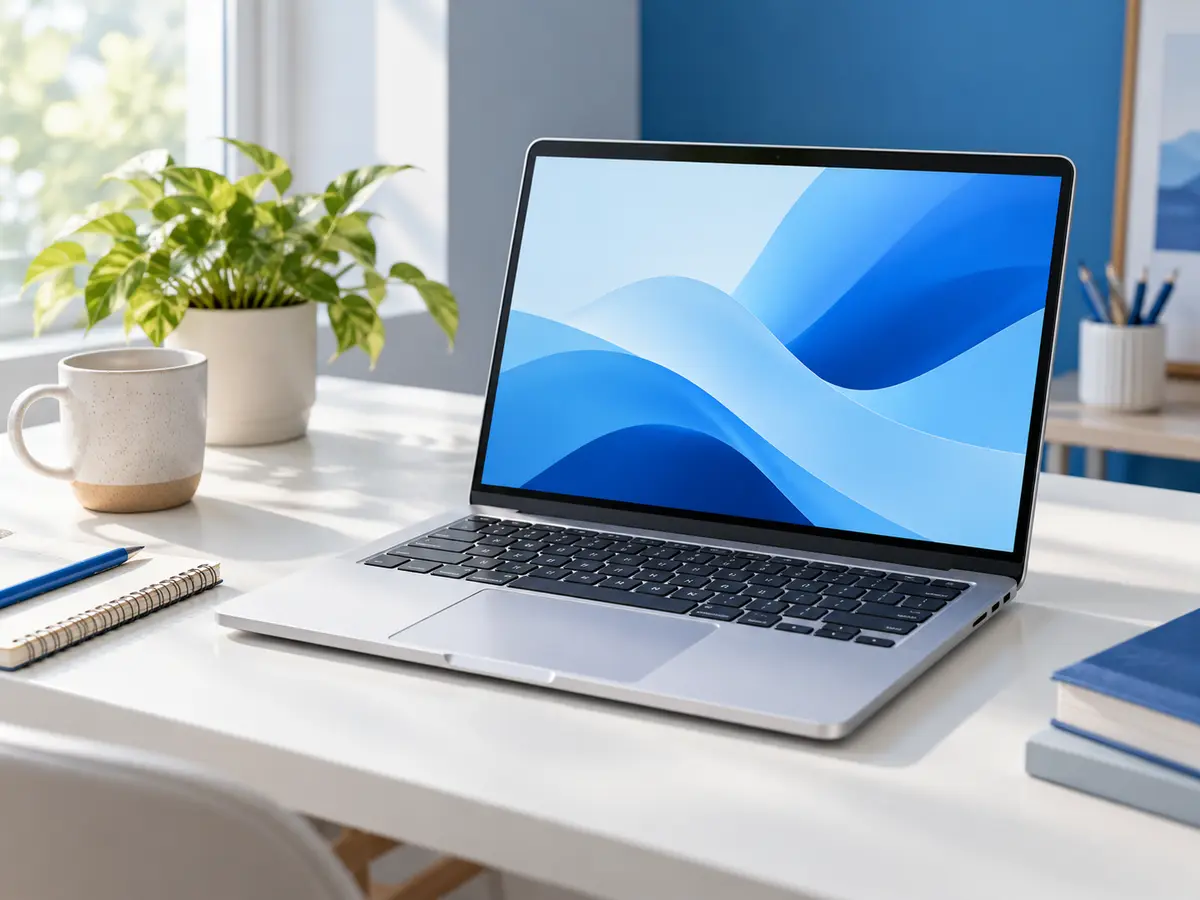 Hình minh họa góc học tập và làm việc với laptop trên bàn sáng màu